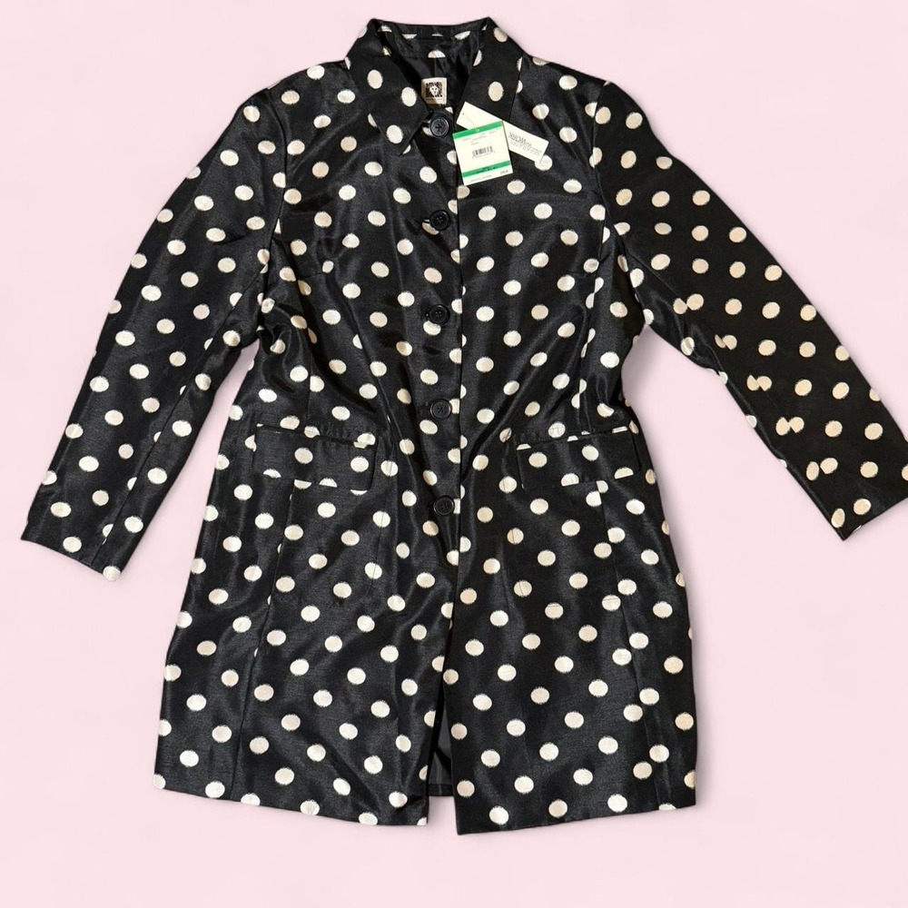 Anne Klein NWT Polka Dot Trench Jacket Retro 60s Mod A-Line Black Oyster Large